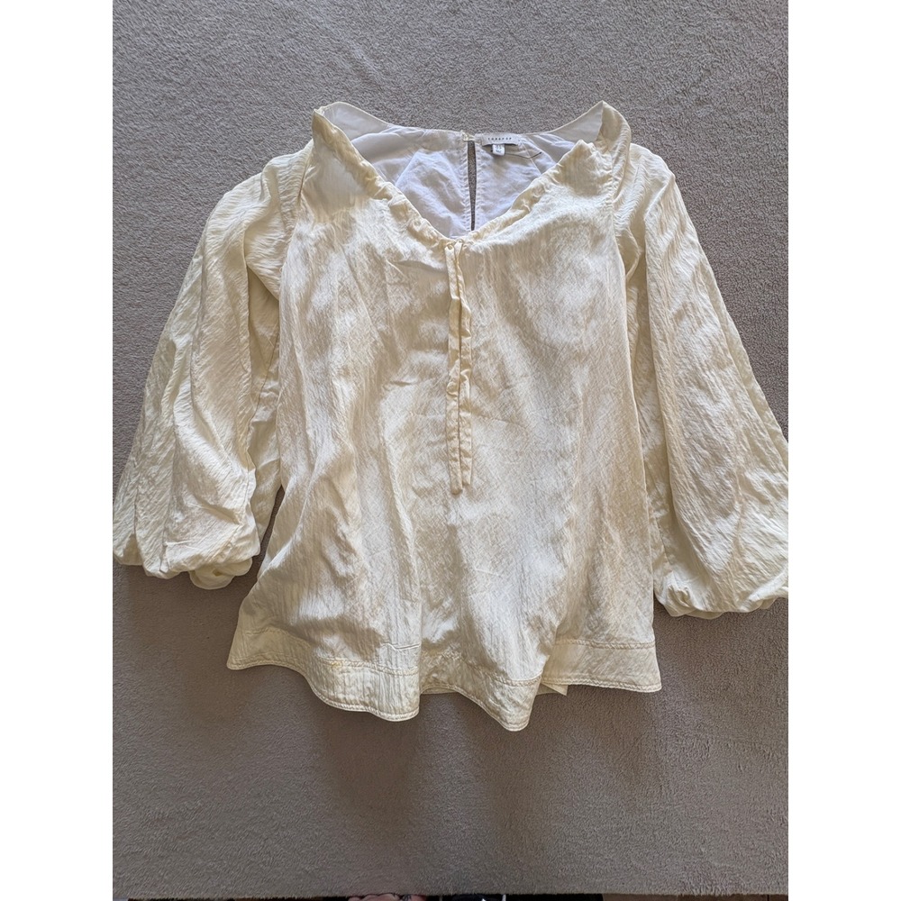 TOPSHOP Cream Textured Puff Sleeve V Neck Button Front Blouse Womens US 4